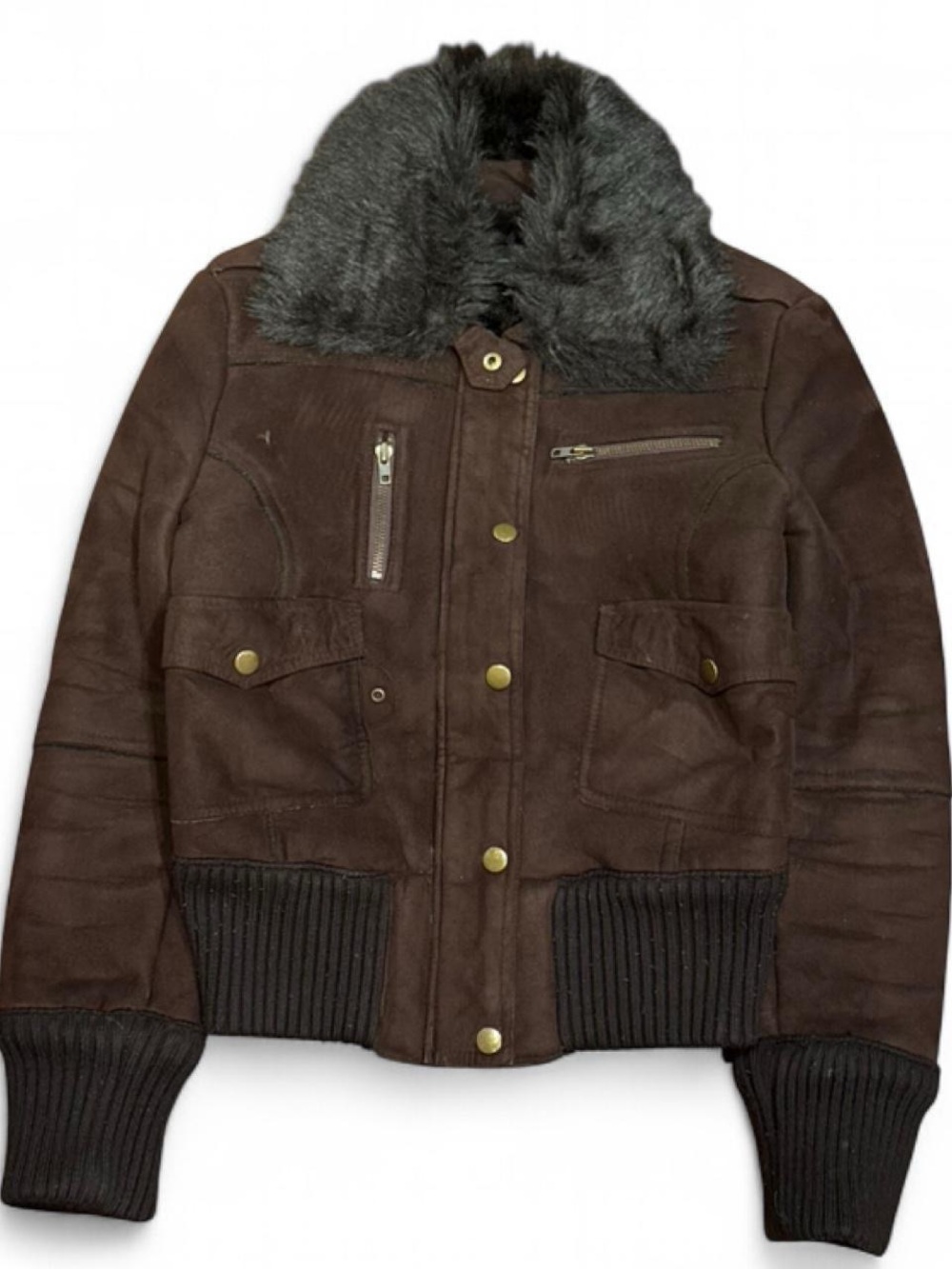Y2K MNG Aviator Faux Leather Brown Bomber Jacket